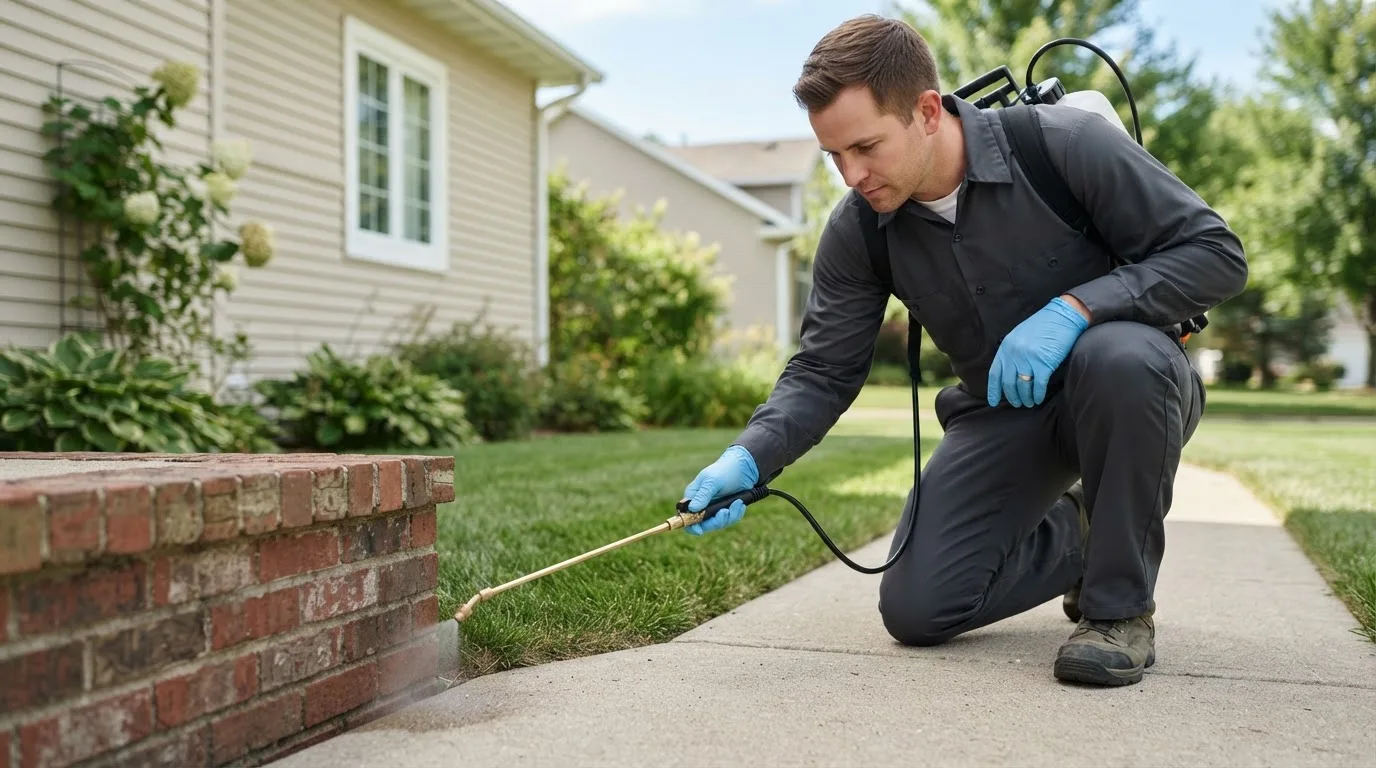 Pest control technician treating a home near Latty, OH